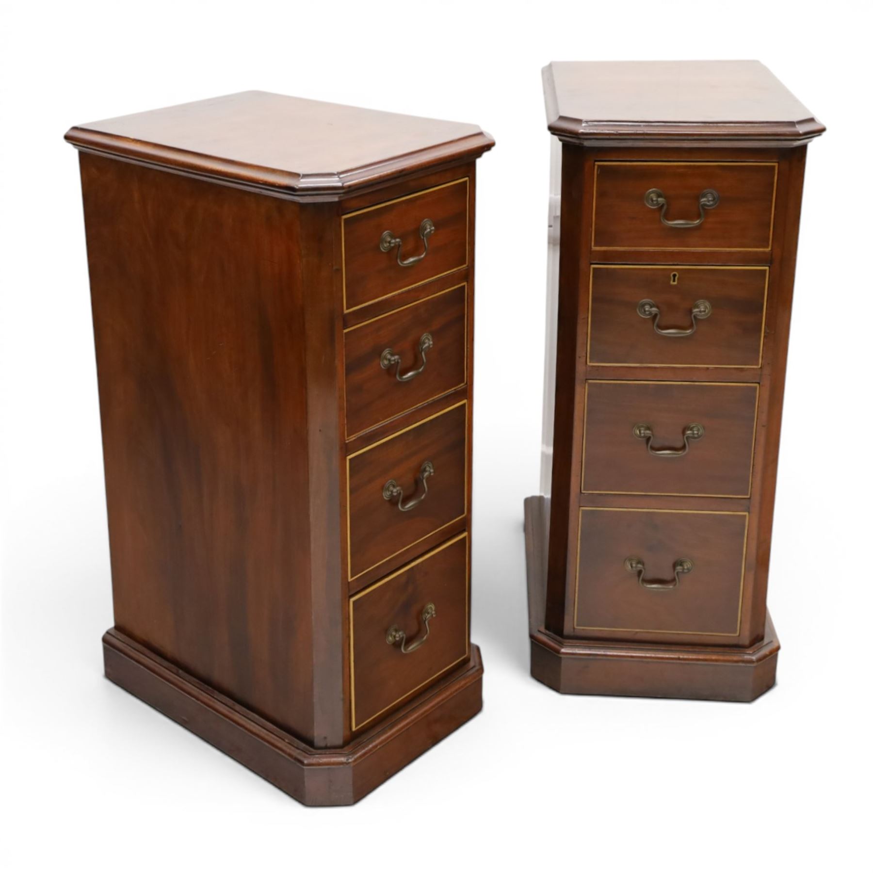 Pair of Edwardian mahogany pedestal chests, of moulded rectangular form, above four graduated drawers, brass swan neck handles, moulded plinth base