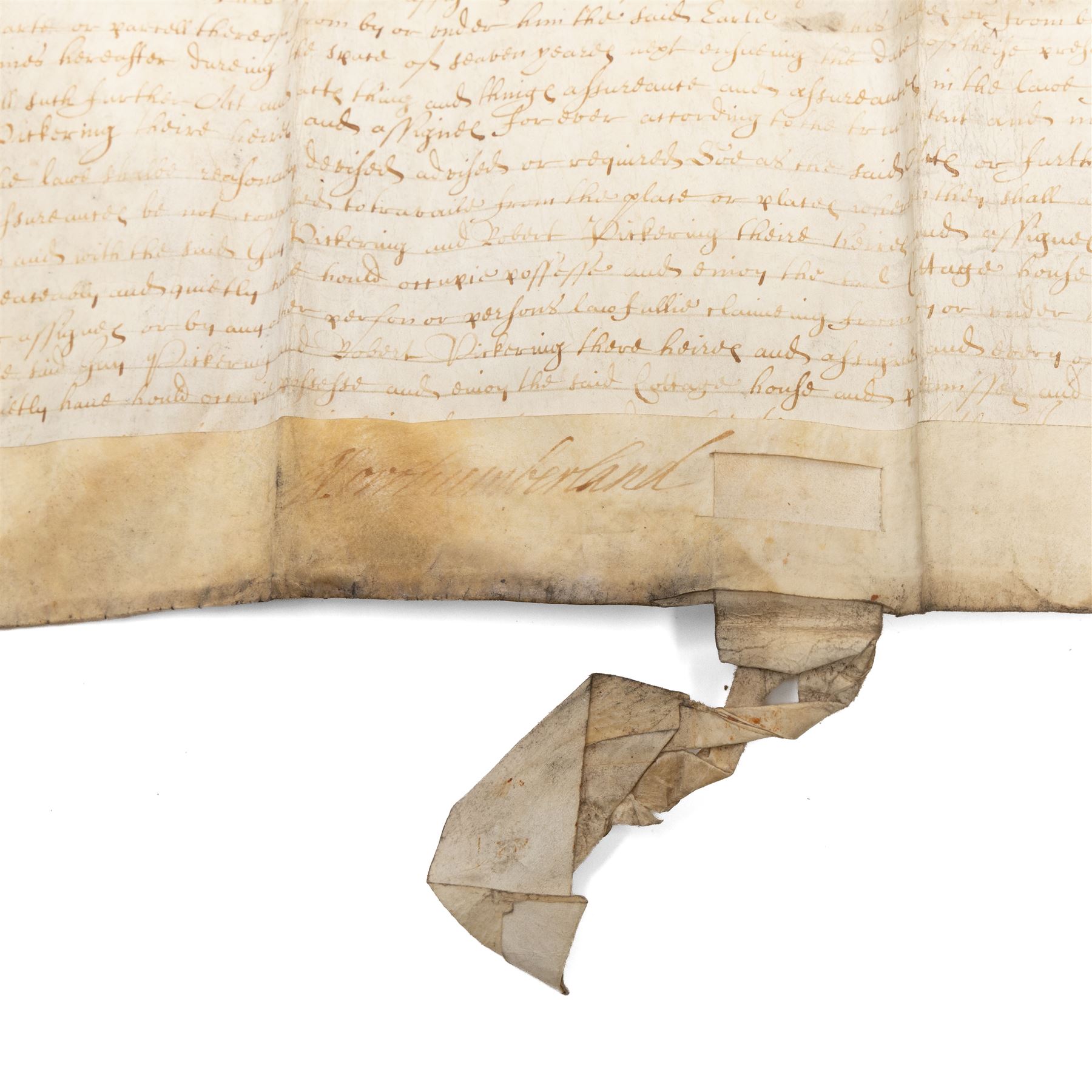 Algernon Percy, 10th Earl of Northumberland: English Civil War period vellum indenture, dated 16 August 1647, between Algernon Percy, Earl of Northumberland and Elizabeth, Countess of Northumberland, relating to a cottage, garth and lands at Hunmanby, Yorkshire, granted to Guy Pickering and Robert Pickering, with reference to Hugh Potter and Peter Dodsworth, manuscript on vellum with decorative initial, pendant seal tag and signatures/witnesses verso

Notes:
Algernon Percy, 10th Earl of Northumberland (1602-1668), was Lord High Admiral to Charles I and later a leading moderate Parliamentarian during the English Civil War. Dated August 1647, this indenture was executed in the aftermath of the First Civil War, while Percy was closely involved in Parliamentary government and in the custody of the King’s younger children. The document concerns property at Hunmanby, Yorkshire, and includes reference to tenure connected with the Crown and King Henry VIII