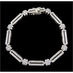  Silver Art Deco style cubic zirconia openwork flower link bracelet, stamped 925 