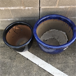 Pair blue glazed graduating terracotta planters, D56cm (max)