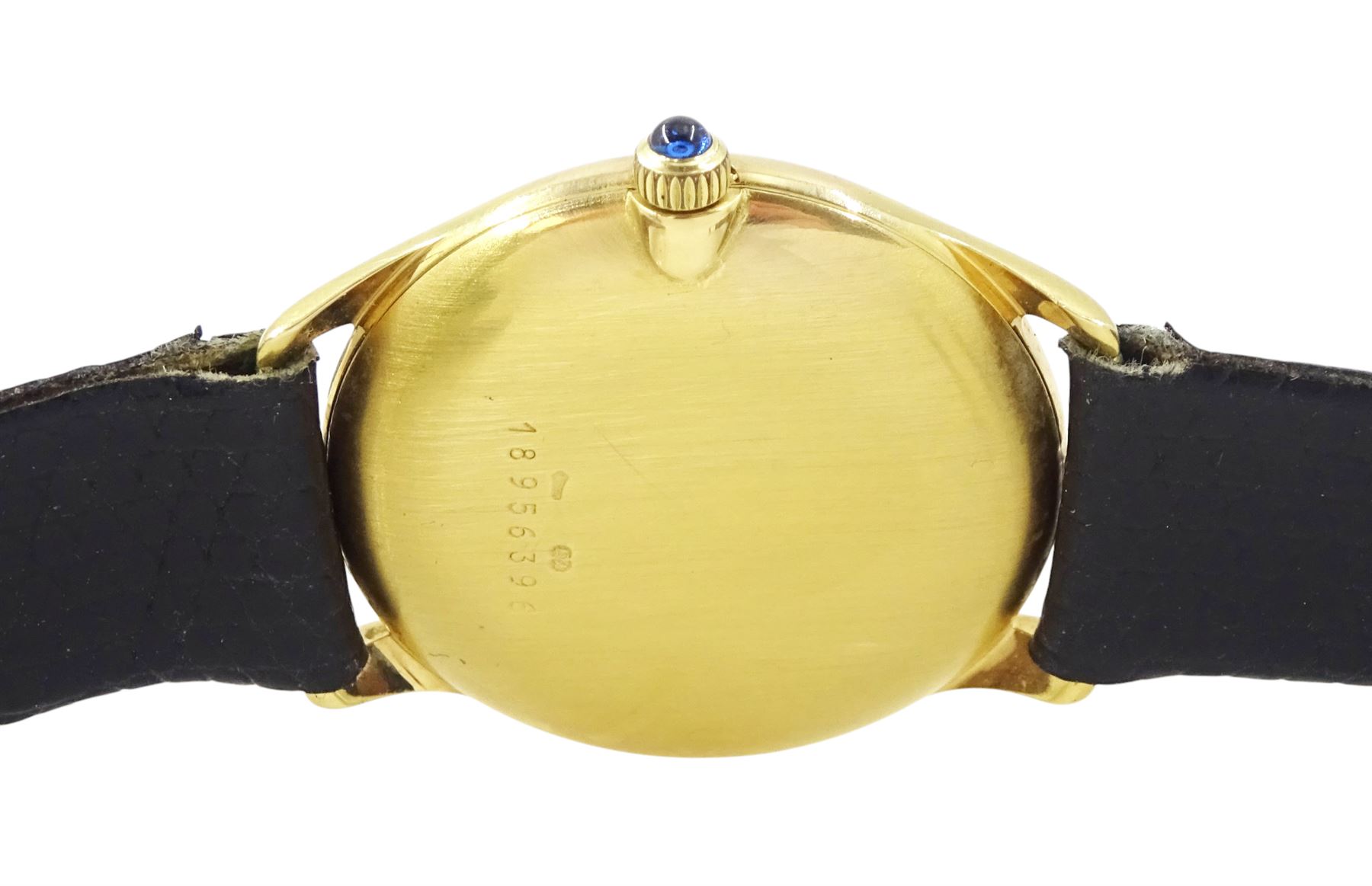 Longines gentleman's 9ct gold manual wind wristwatch, Cal. L847.4, white dial with Roman hour markers, on black leather strap with gilt buckle, boxed with guarantee dated 1980