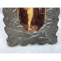 Japanese bronzed antimony frame, decorated with dragons and ho ho birds, easel stand to reverse, containing Continental crystoleum of female nude, H24cm