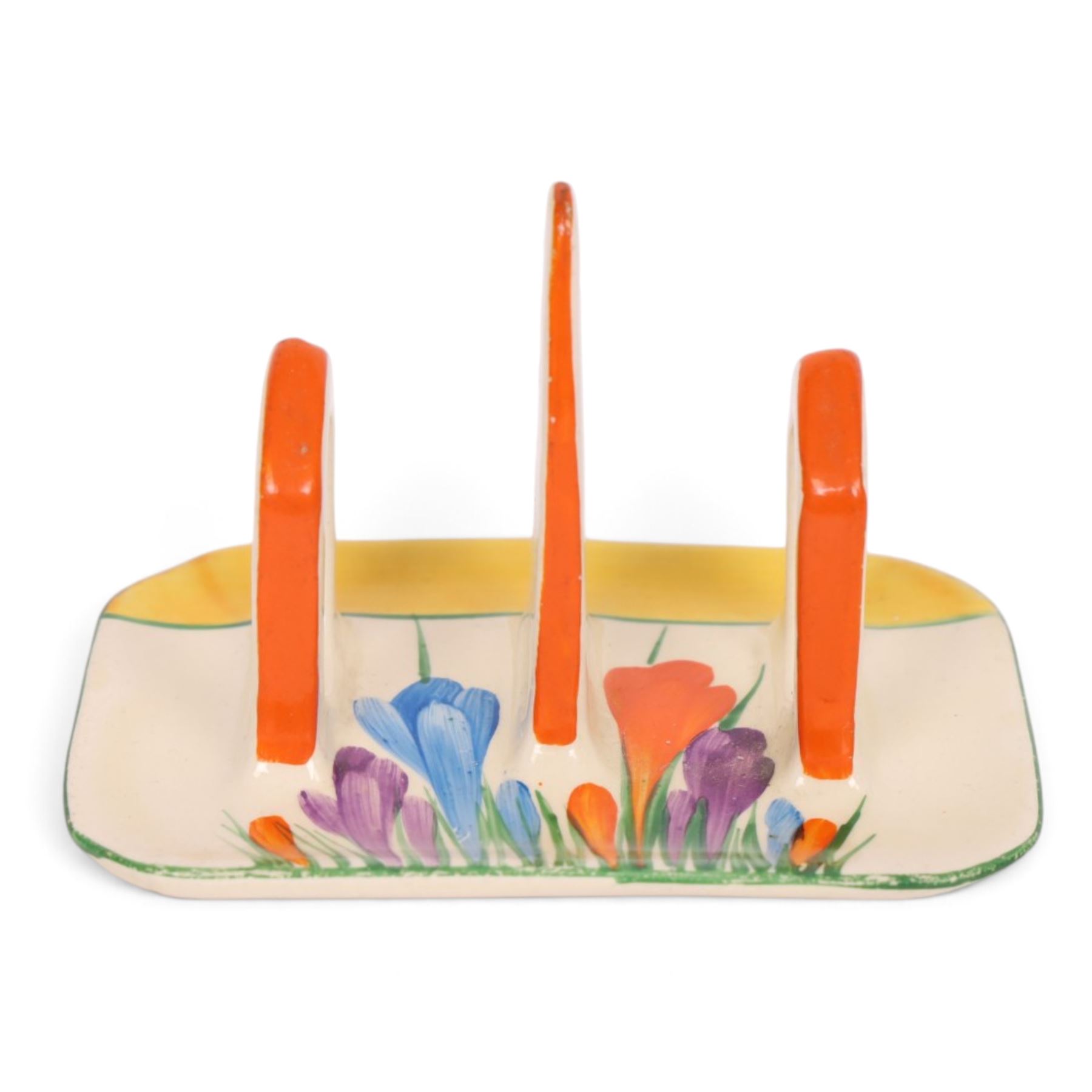 Clarice Cliff Autumn Crocus pattern toast rack, with Bizarre and printed marks to base, H9cm, L12cm