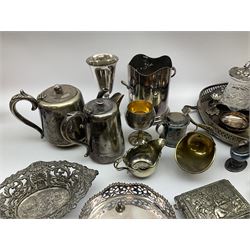 Silver purse of oblong form with foliate engraved decoration and suspension chain, hallmarked Birmingham 1916, maker's mark worn and indistinct, and a silver mounted capstan inkwell, lacking cover, together with a selection of metalware largely comprising silver plate, to include silver plated seven bar toast rack, silver plated Walker & Hall salver, novelty box modelled as a grand piano, wine cooler, etc.