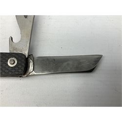 WW2 British army folding jack/clasp knife with blade and can opener marked with broad arrow and date 1944; a similar unmarked British army folding three-blade knife; and another later similar British Army knife marked Wade & Butcher Sheffield England (3)