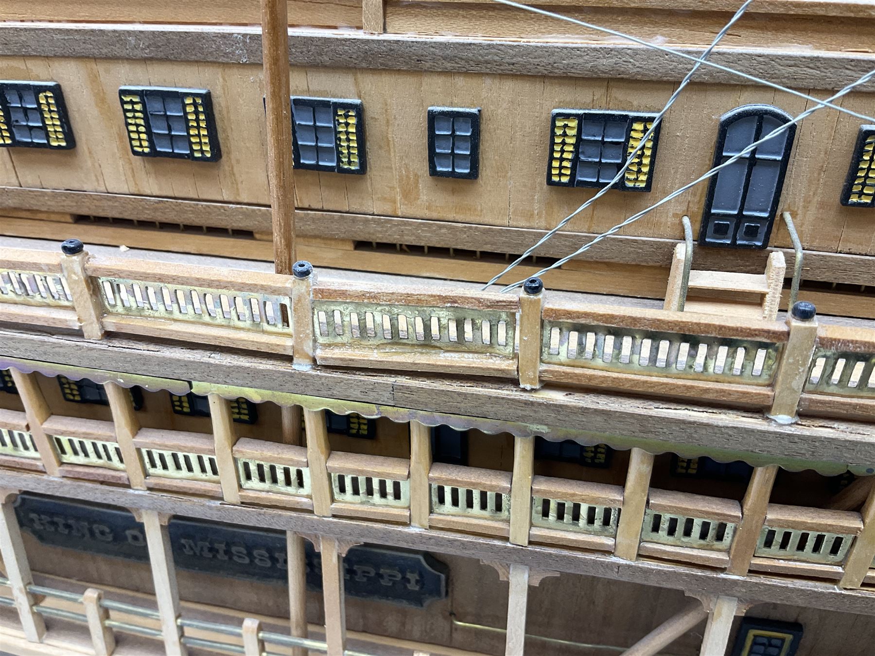 Hand built model of a river paddle steamer 'King of the Mississippi' and a sailing ship with three masts and unfurled sails, largest example H80cm, L101cm