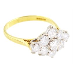18ct gold diamond cluster ring, nine round brilliant cut diamonds, in a marquise shaped setting, London 1988, total diamond weight approx 1.65 carat
