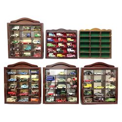 Collection of die-cast vehicles to include Corgi, Dinky, Lledo and Days Gone, housed in six wood display units