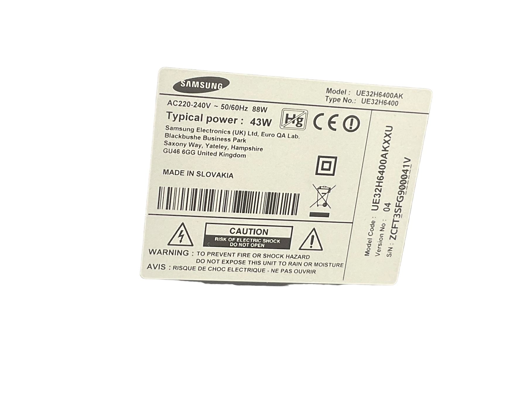 SAMSUNG UE32H6400ALK television with remote 