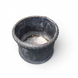 Pair of 19th century lead garden planters of cylindrical form, the rolled rope twist rims over a plain body decorated with applied flowerhead roundels, in antique weathered finish