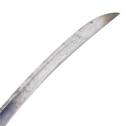 British 1796 pattern, light cavalry officers' saber, by Wooley, Deakin, Dutton of Birmingham, the 80cm single edge curved blade retaining traces of original blue and gilding which bears the coat of arms of George III and military trophies, the steel stirrup hilt with leather bound grip and original silver triple wire binding, within steel scabbard with twin suspension rings, overall L98cm  