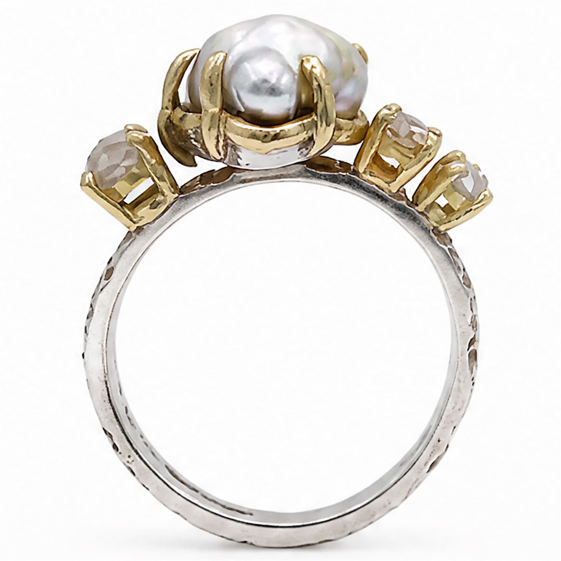 Silver and 9ct gold pearl and diamond ring by Susi Hines, single Keshi pearl set with a single round brilliant cut diamond and two rose cut diamonds, to a bark textured shank, London 2020