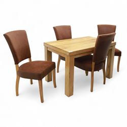 Contemporary oak dining suite, comprising rectangular table with solid top and square legs, together with four brown leather upholstered dining chairs with oak legs (5)