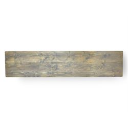 Barker & Stonehouse - contemporary 'Newsham' reclaimed oak dining bench, rectangular plank seat over twin pedestal supports with shaped bases, finished in weathered grey wax