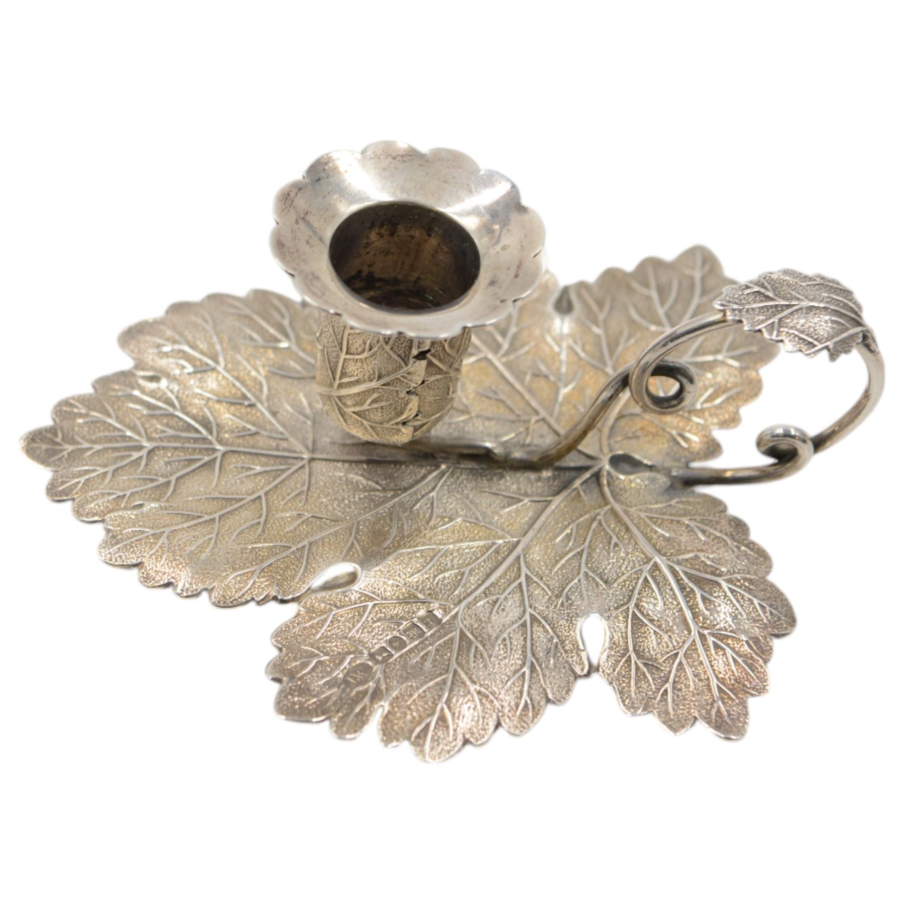 Early Victorian chamberstick, modelled as a leaf and bud with naturalistic texture, with removable sconce and looped tendril handle, hallmarked Willmore & Co, Birmingham 1843, H4cm