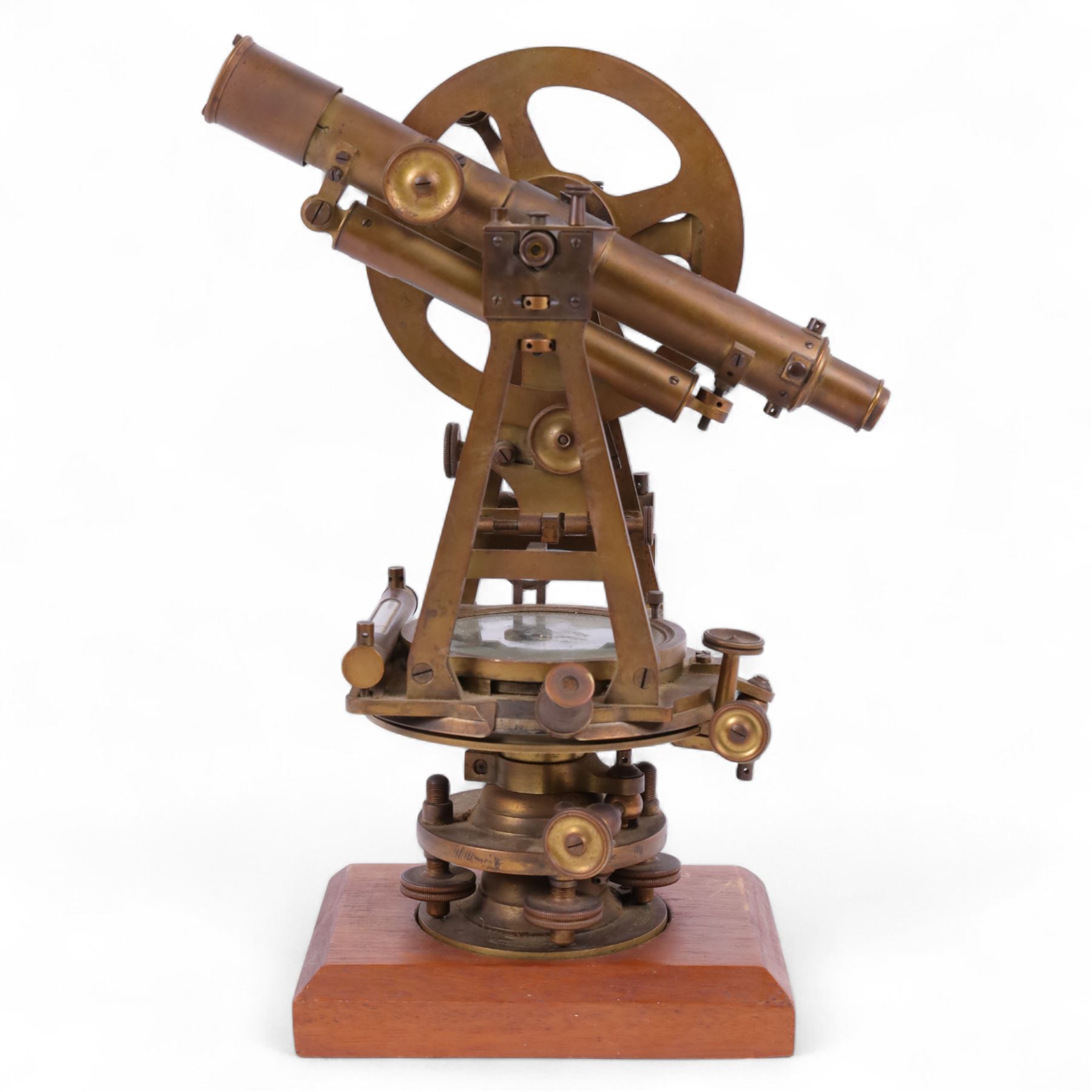 19th Century brass transit theodolite by Troughton & Simms, the sighting telescope with rack and pinion focusing above an inset compass, upon four levelling feet and a rectangular wooden base, including base H35.5cm