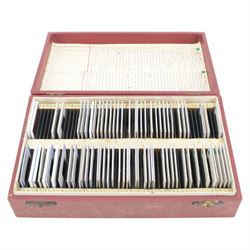 Four Nebro slide boxes containing a collection of photographic slides depicting landmarks, building interiors, train stations, etc, together with a Focal Point Filmstrips Century Series Visula Stimulation part 1 slide set, boxed