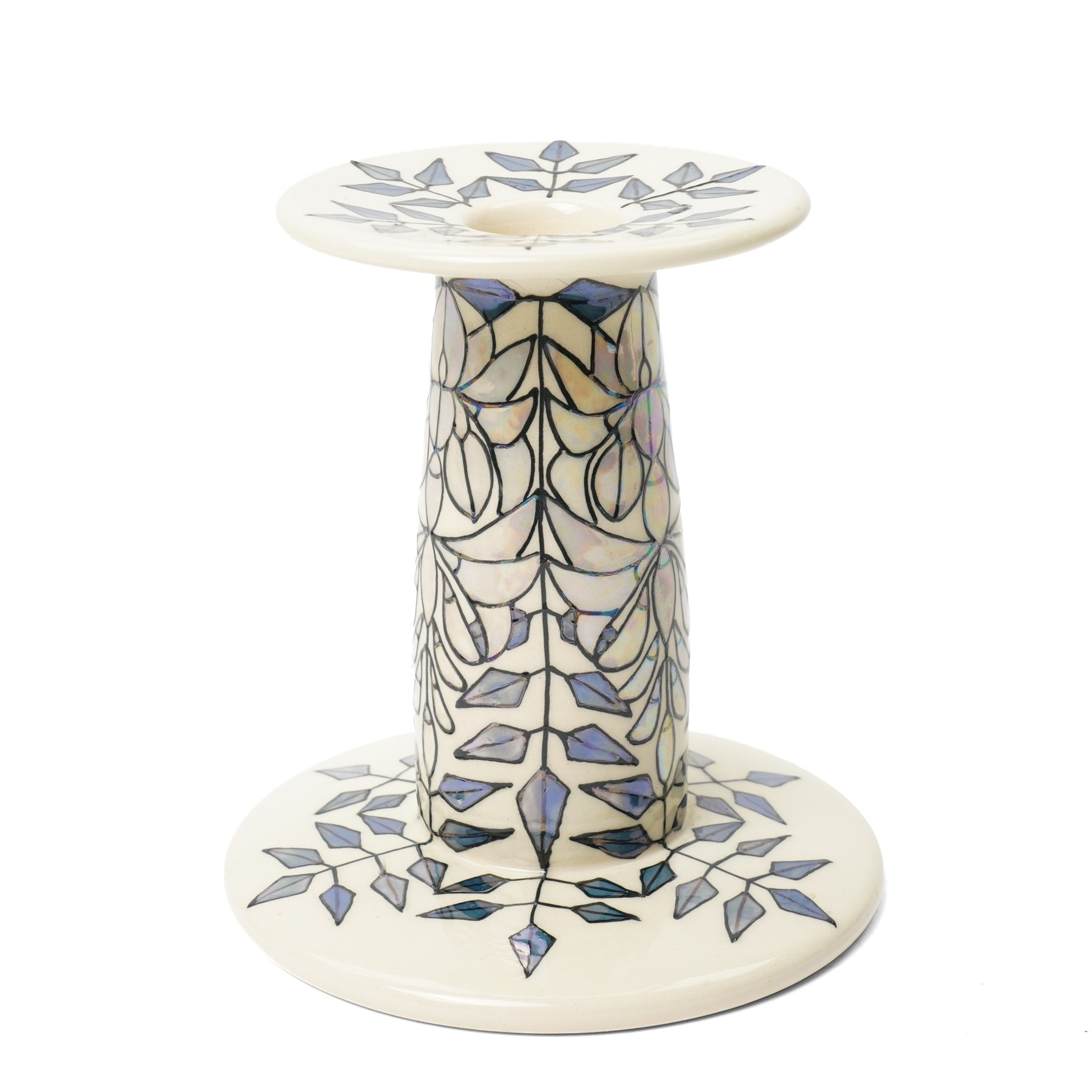 Sally Tuffin for Dennis China Works Wisteria candlestick, in lustre on an ivory ground, painted and impressed marks to base, H15.cm 