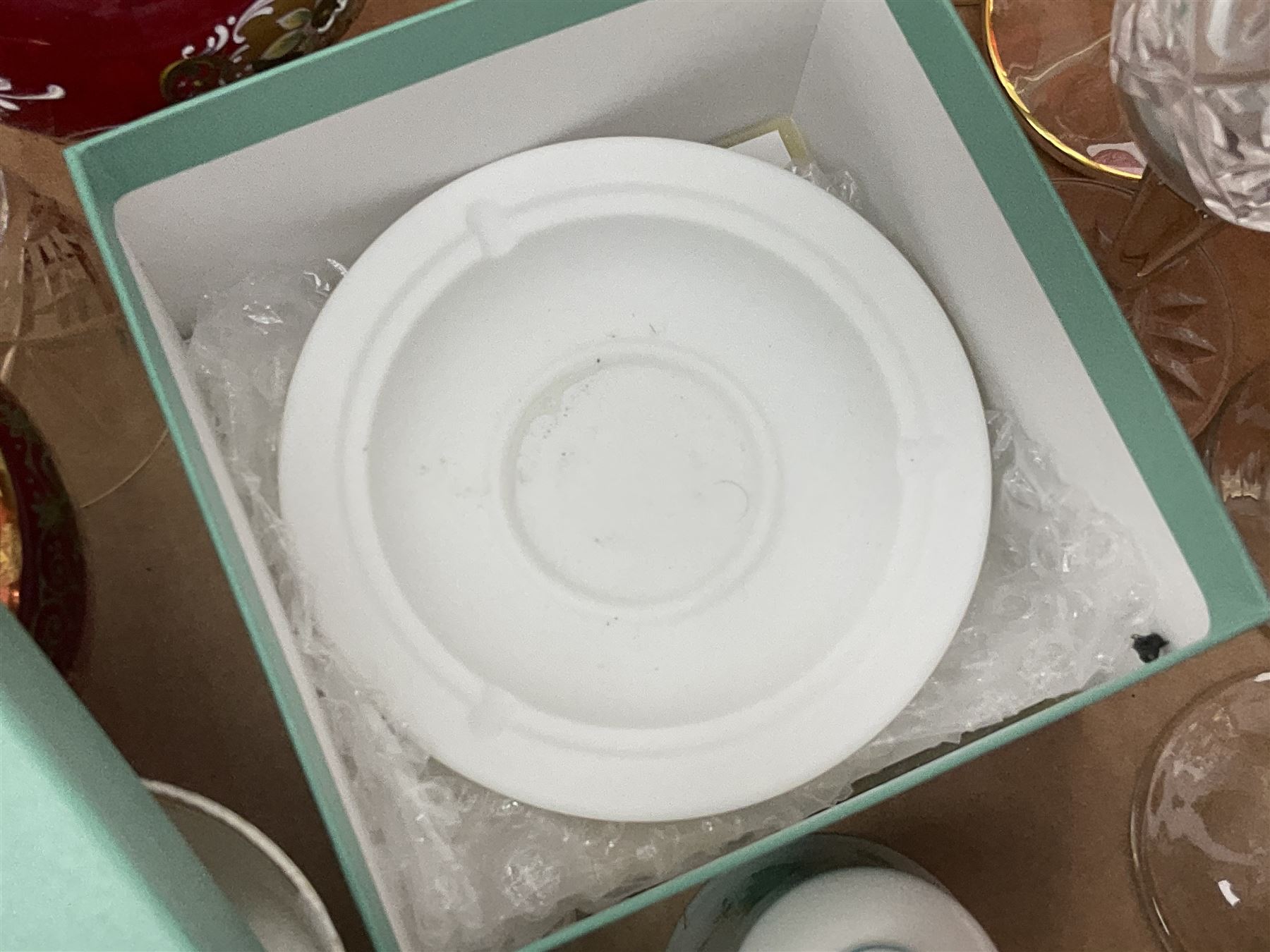 Murano glassware; Coalport and other figures; cut glassware including two decanter sets; drinking glasses; small collection of table bells; royalty commemorativeware etc