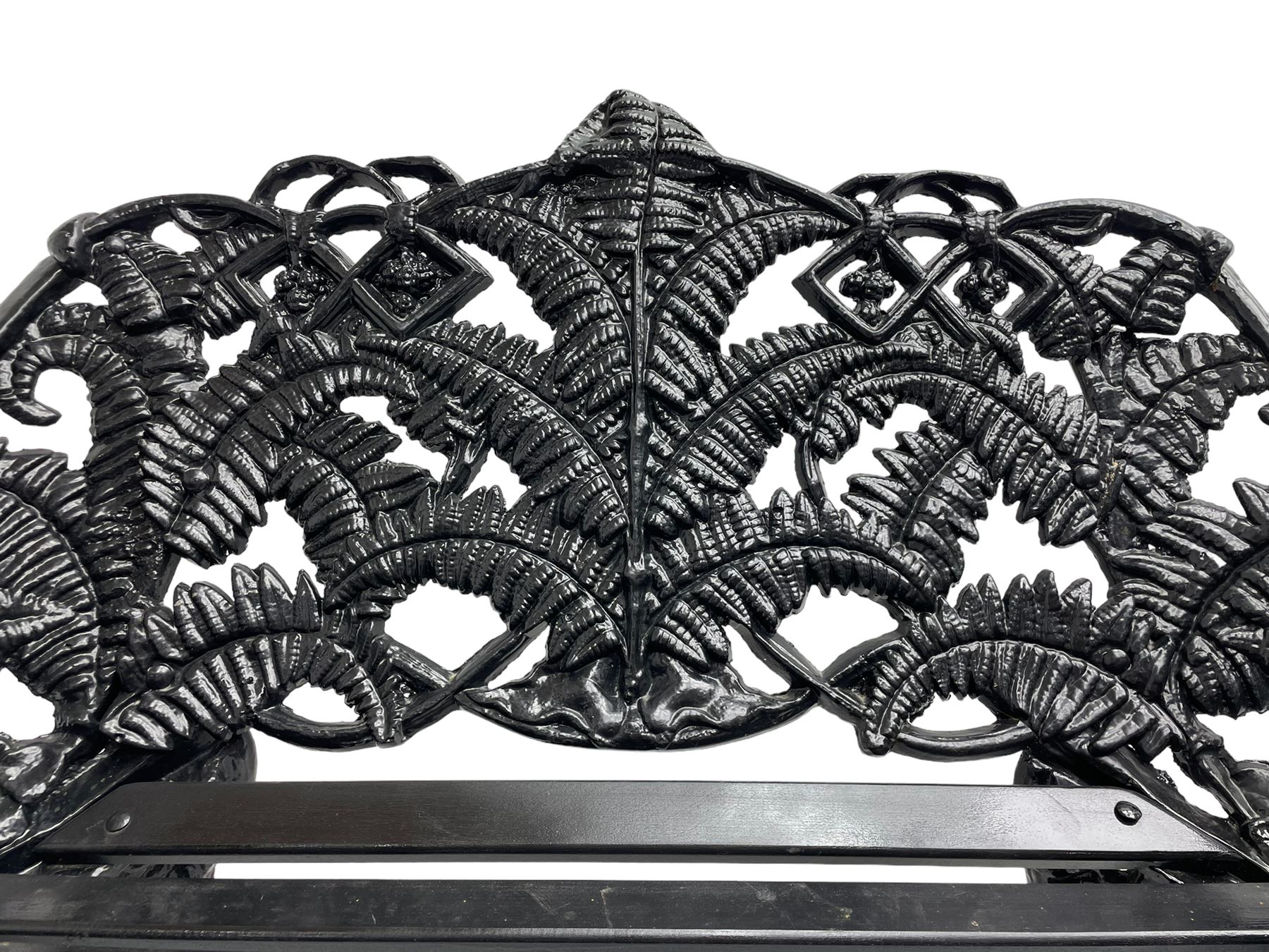 Coalbrookdale - black painted cast iron 'fern' pattern garden bench, decorated with trailing fern leaves, mahogany slatted seat
