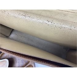 Brass oil lamp, with etched floral glass shade, leather Gladstone style doctors bag, leather satchel and vintage vanity case, three graduating wooden giraffes and other wood and metal ware, lamp H54cm