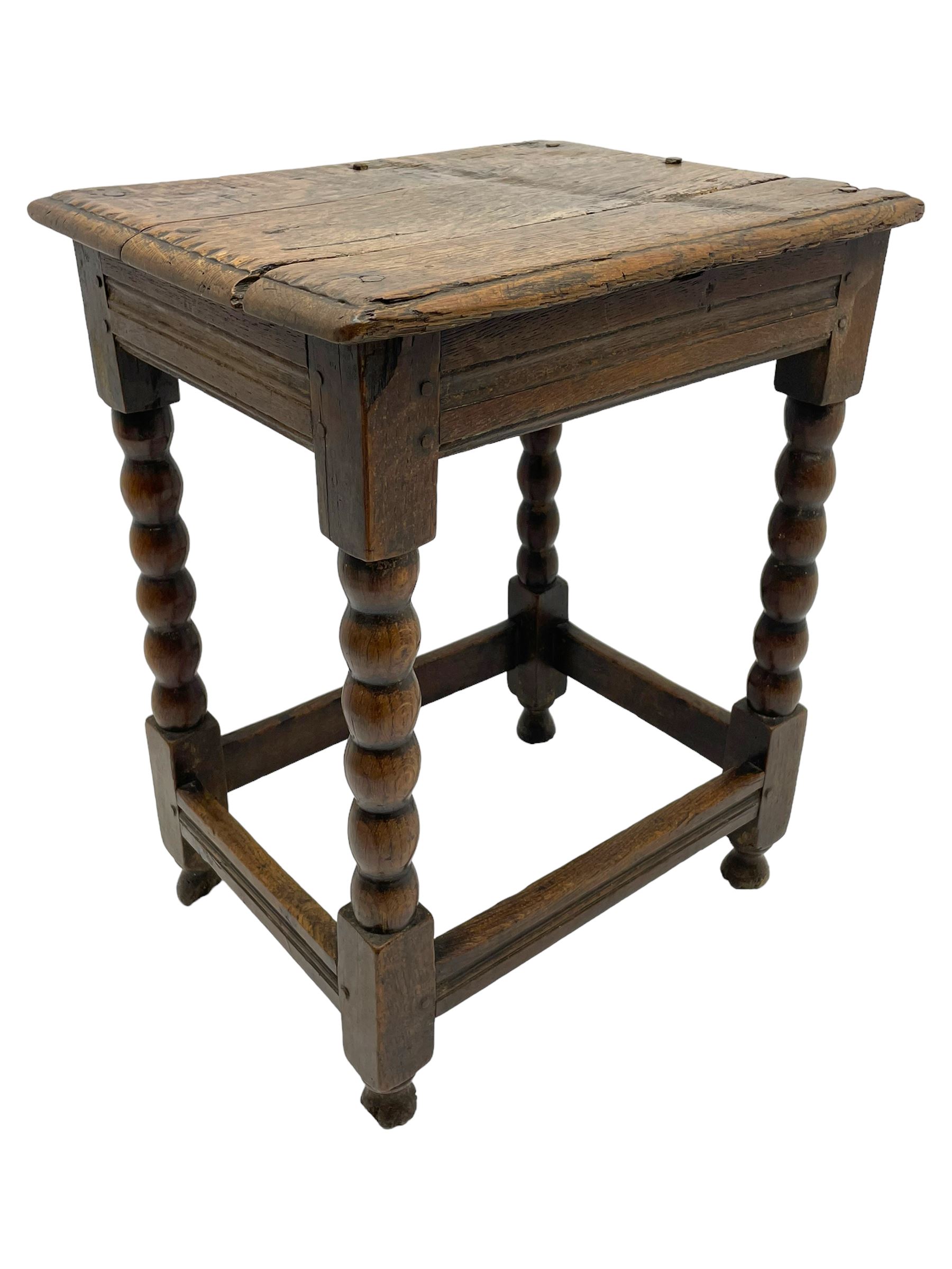 18th century oak joint coffin stool, moulded rectangular top over moulded frieze rails, raised on bobbin turned supports joined by moulded stretchers