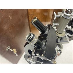 Four microscopes, including Cooke, Troughton & Simms no M467926, W Watson & Sons no 114758, W & J George & Beck Ltd no 36649 and one other 