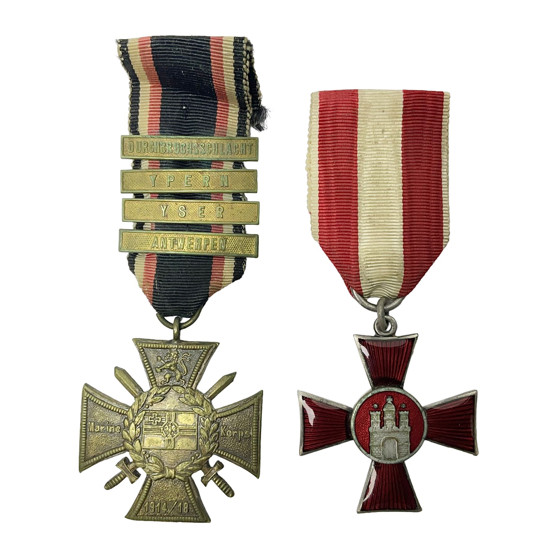 WWI Imperial German Hanseatic Cross for Hamburg; and Marine Corps 1914-18 Cross with four clasps for Durchbruchsschlacht, Ypern, Yser and Antwerpen; both with ribbons (2)