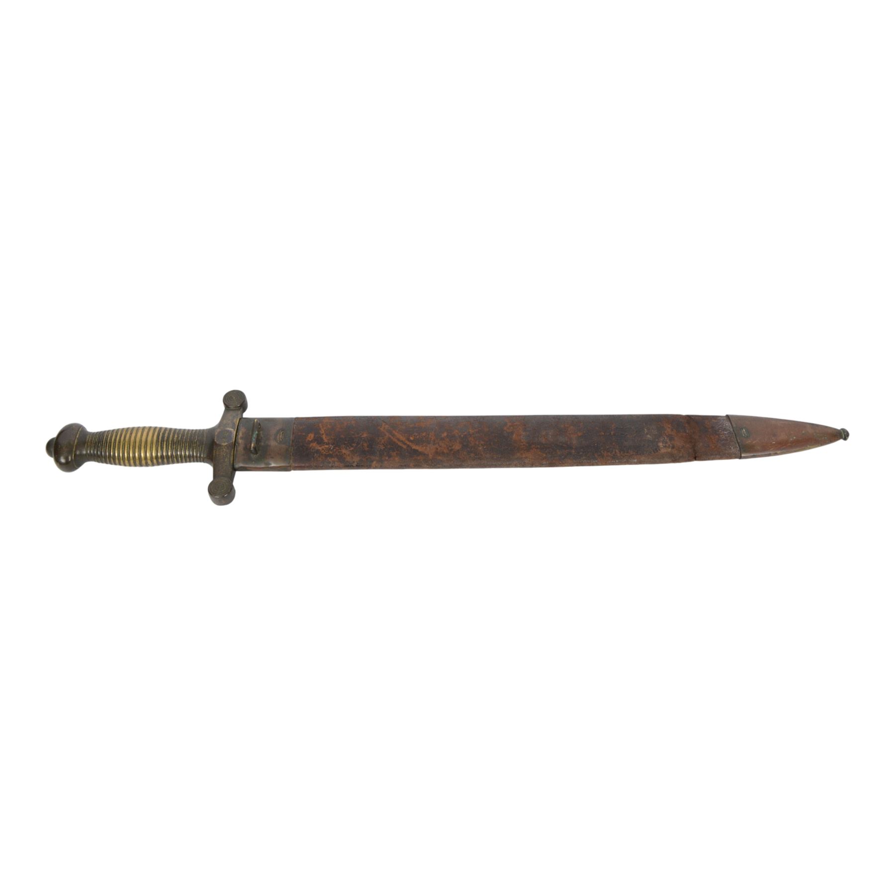 French 1832 Pattern Gladius short sword, the 49cm double edged blade inscribed to the ricasso, cast brass hilt with groove grip and short quillons, brass mounted leather scabbard, scabbard and sword both marked 994, overall L66cm