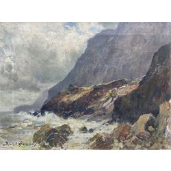 Owen Bowen (Staithes Group 1873-1967): Rocks near Ravenscar, oil on canvas signed 30cm x 40cm