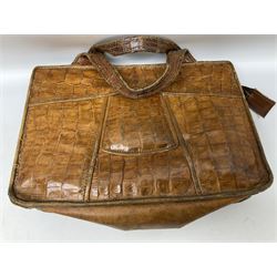 Vintage tan crocodile leather handbag with internal pockets and zip, W30cm