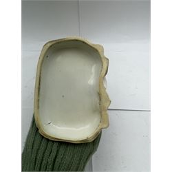 Pair of Staffordshire figures modelled as chained Dalmatians seated upon cobalt blue oval bases, H13cm, together with a Staffordshire pastille burner modelled as a castle, H12cm, a pair of 19th century Derby potpourri pots (lacking covers), and an 18th century blue and white tea bowl 