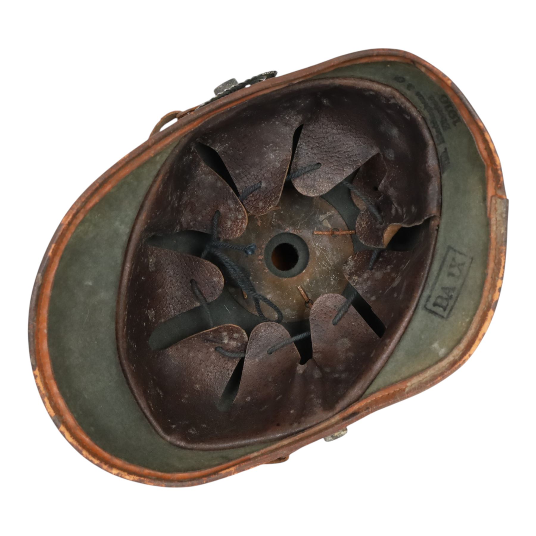 WWI Prussian 22nd regiment Ersatz Felt Pickelhaube, the grey felt skull with steel spike finial, 22 helmet plate and leather chin strap, one side with a black cockade, the other black and red,  the inner back brim stencilled BA 1X Wm Kleddinghaus & C, Elberfeld, 1916, H24cm