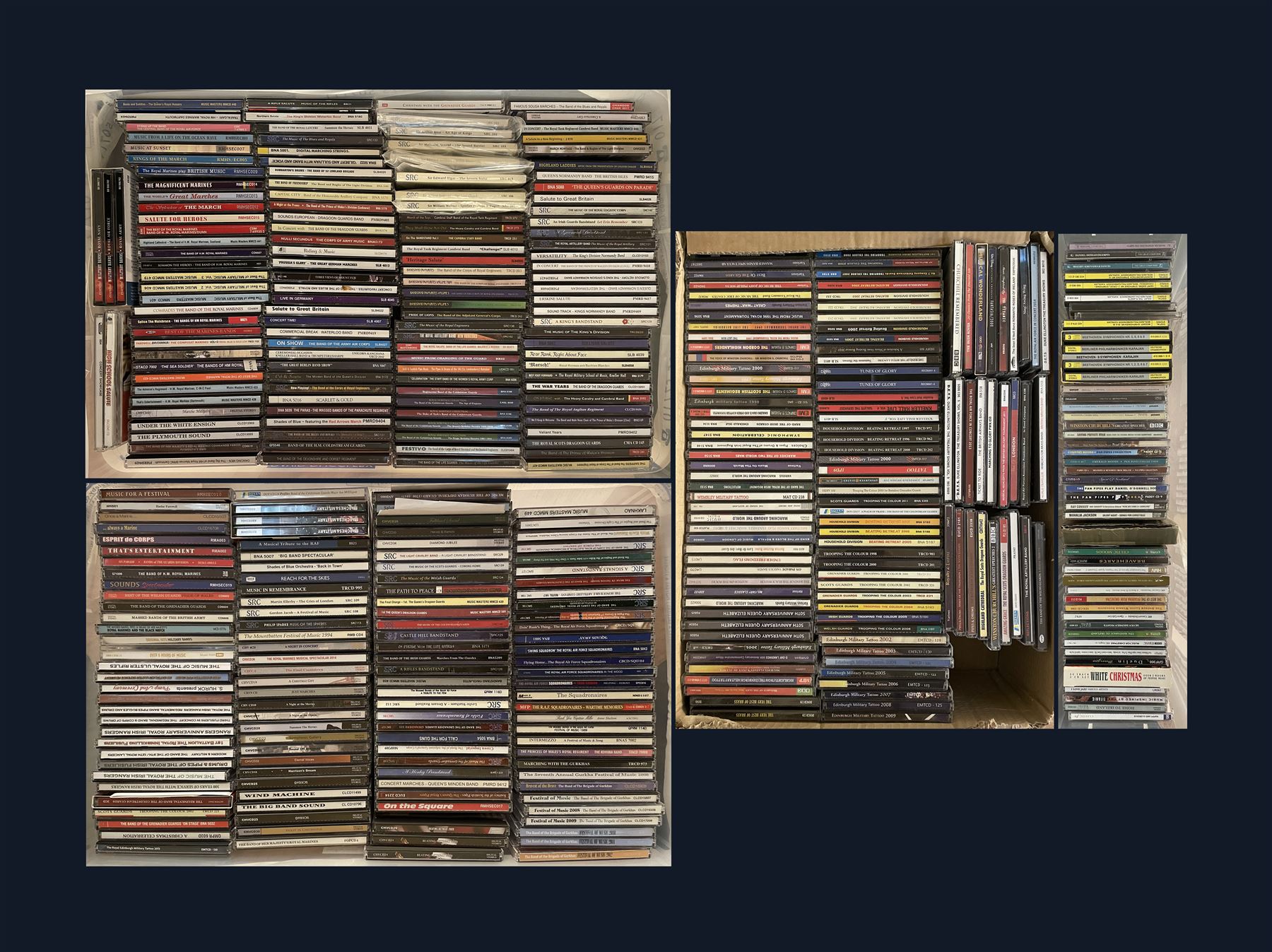 A large collection of mostly Military Band Music including The Music of the Scots Guards, Marching with the Gurkhas, Military Bands, Music in Remembrance and other music in four boxes (300+) 