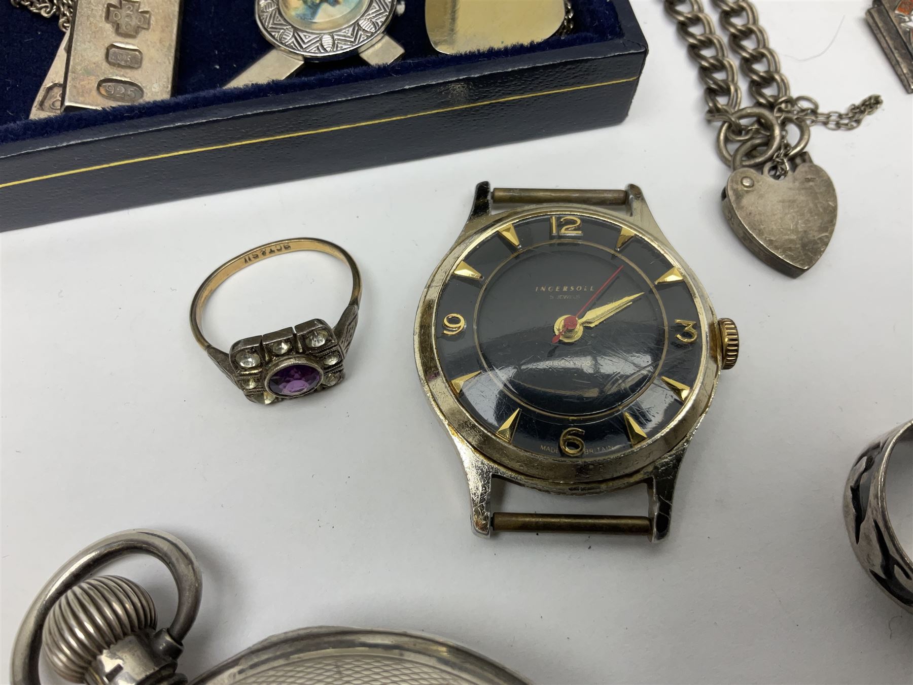 Four wristwatches including Seiko automatic, Sekonda, Timex and Ingersoll, silver Acme Lever pocket watch by H Samuel, 9ct gold keepers ring, silver and 9ct gold paste stone set cluster ring, silver and stone set silver jewellery and other vintage jewellery