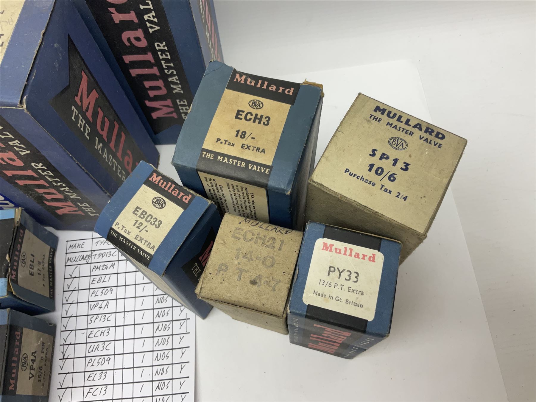 Collection of Mullard thermionic radio valves/vacuum tubes, including PY31, AMERTY 24A, FC13, CY1, AZ1 approximately 39 as per list, mostly boxed