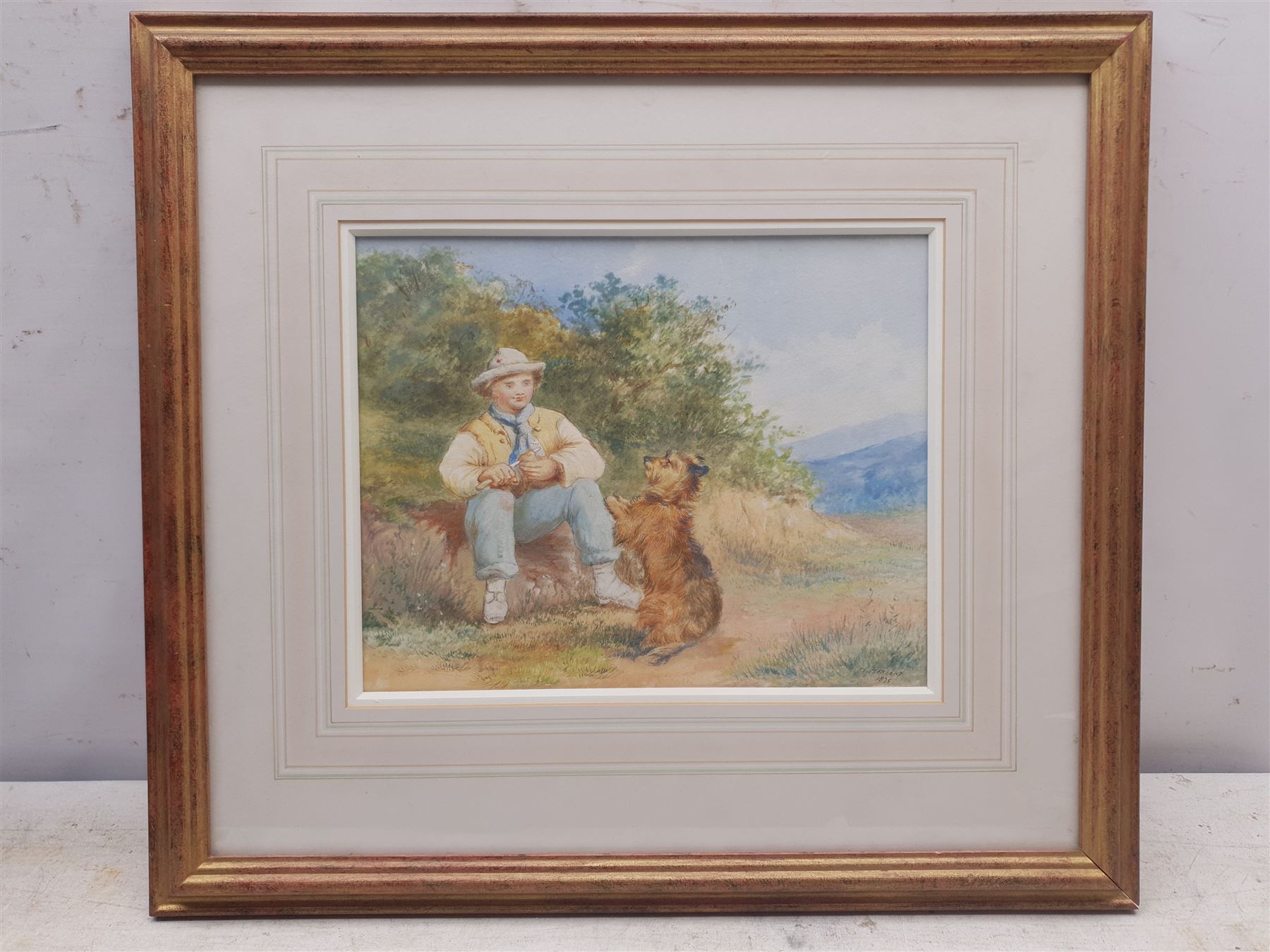 H Herbert (British 19th century): Boy Feeding his Terrier, watercolour signed and dated 1875, 22cm x 28cm