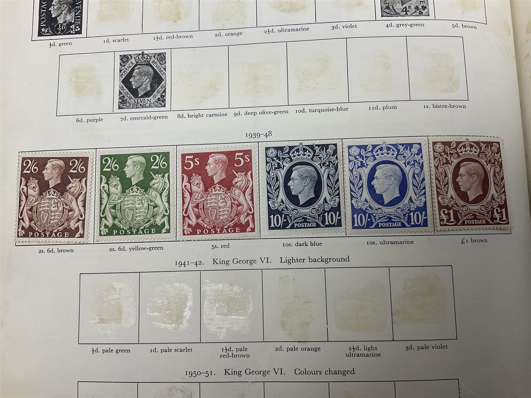Single album collection of King George VI stamps, including Aden, Antigua, Ascension, Australia, Bahamas, Bahrain, Barbados, Basutoland, Bechuanaland, Bermuda, British Solomon Islands, Brunei, Burma, Cayman Islands, Dominica, Falkland Islands, Gambia, Gilbert and Ellice Islands, Gold Coast, Great Britain 1939-48 set to one pound including ten shilling dark blue, Grenada, Hong Kong, India, Ireland, Jamaica, Leeward Islands, Malta, Mauritius, New Zealand etc