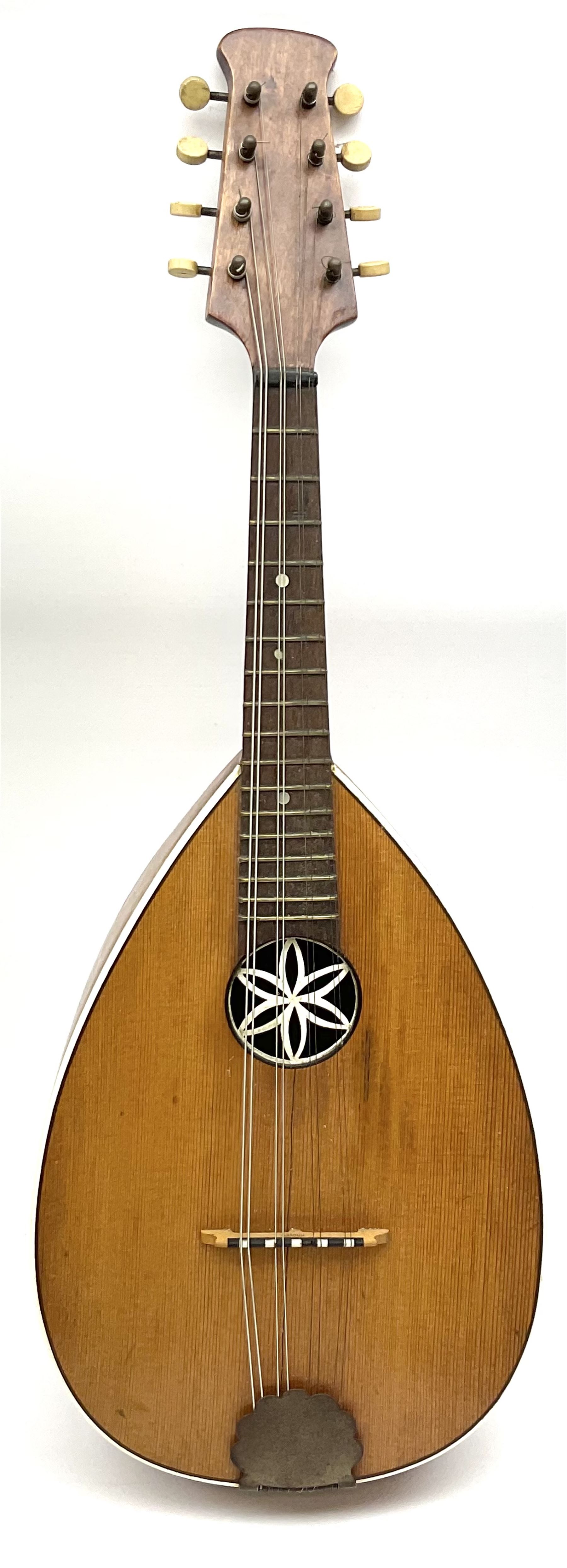 Melody-Uke four-string ukelele banjo, makers plaque to head stock L59cm; and Italian eight-string lute-back mandolin with mahogany stained segmented maple back and spruce top L59cm (2)
