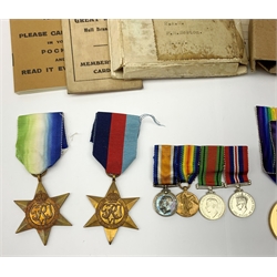 WW1 pair of medals comprising British War Medal and Victory Medal awarded to 225268.2.A.M. P.M. Newton R.A.F. in issue box with Army Will form, letter of entitlement, two booklets and group of four miniatures including WW2 War and Defence medals; together with WW2 War Medal, Atlantic Star and 1939-45 Star with slip in issue box