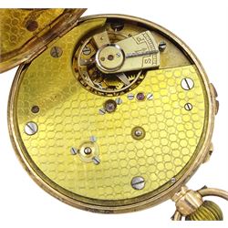 Early 20th century 9ct gold open face keyless lever pocket watch by John Russel, London, white enamel dial with Roman numerals and outer seconds track numbered 25-300, stop/work lever, case by Ducommun & Ries, Glasgow import marks 1913