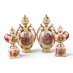 Pair of Royal Vienna twin handle vases with covers the central panel with shepherdesses to...