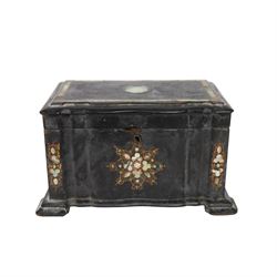 Black lacquered tea caddy with mother of pearl inlay, together with another box with mother of pearl inlay