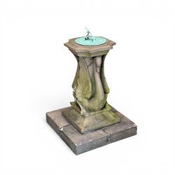 Late 20th century terracotta twin swan sundial, well figured seated back to back with shaped top, raised on four sectional base. Measurements exclude base.
Base: 60cm x 60cm