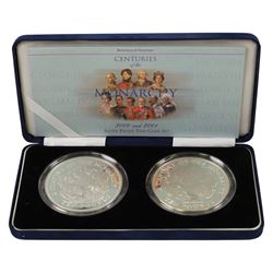 The Royal Mint Guernsey 2000 and 2001 'Centuries of the Monarchy' silver proof set, comprising two five ounce ten pound coins, cased with certificate