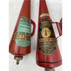 Kingsford fire extinguisher of riveted conical form, dated 1965, with painted and printed decoration, together with two Minimax conical examples dated 1966 and 1954 with gilt decoration, H approx 70cm