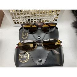 Vintage black fox fur stole, together with fur hat and pair of fur earrings, quantity of mostly silver plated flatware, including various souvenir spoons, Vintage camera, two pairs of cased sunglasses marked 'Ray-Ban', etc., in one box 
