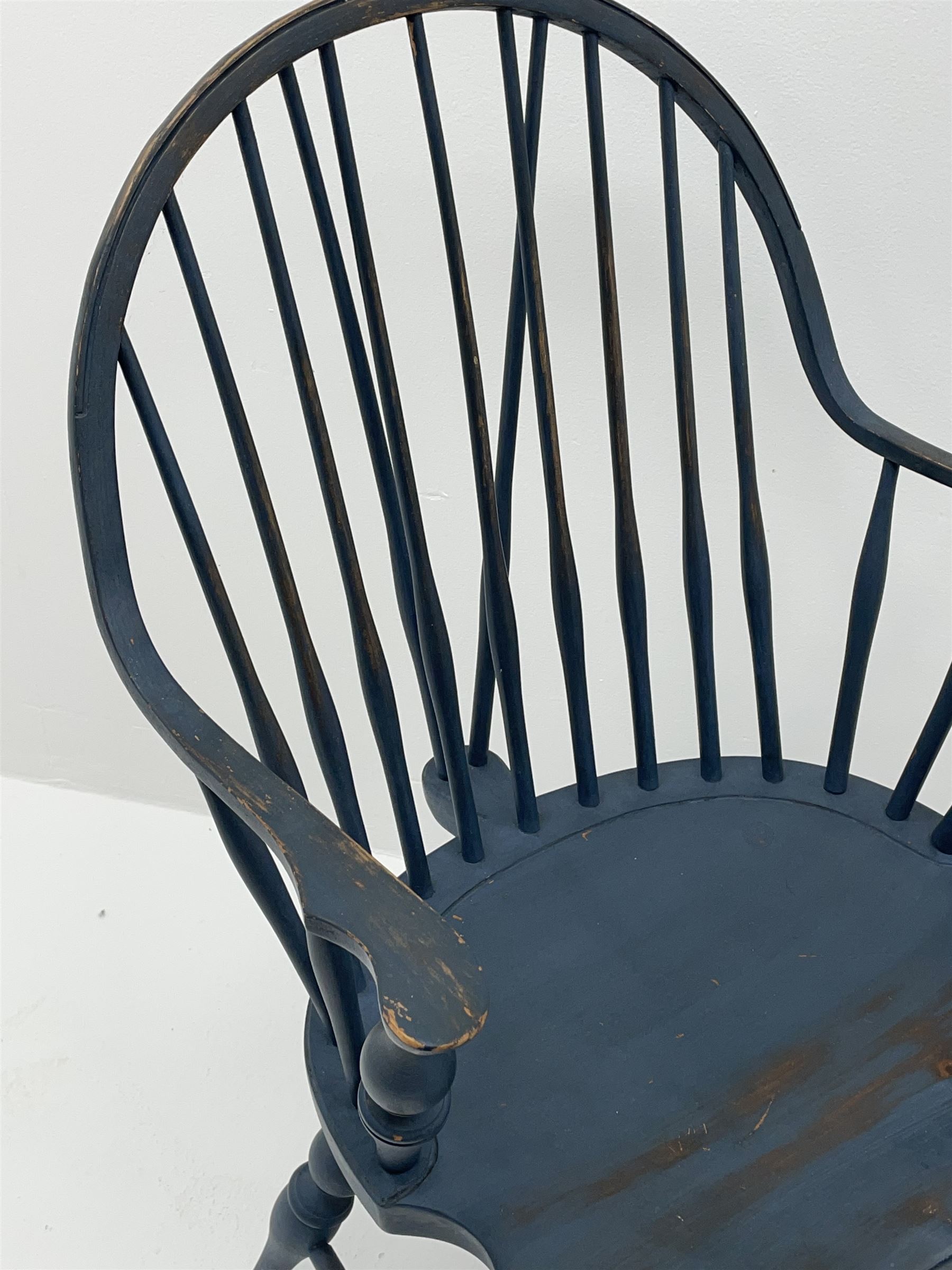 D.R. Dimes Furniture - set six American Windsor dining chairs, hoop and stick back on dished saddle seats, turned supports jointed by H stretchers, stamped underneath 'D.R.Dimes', two carvers and four side chairs