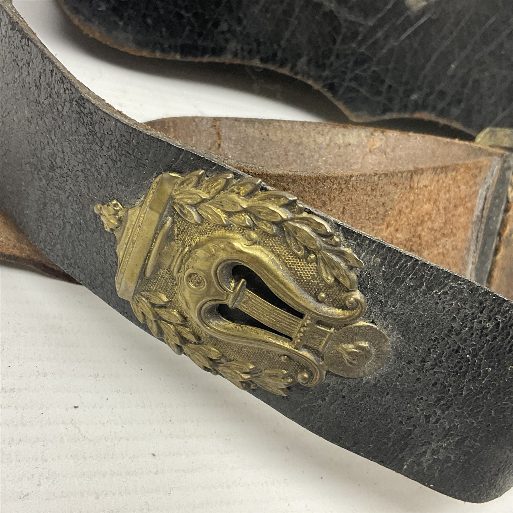 French 2nd Empire Musicians leather pouch and strap, with brass badges to pouch and strap, Crimea period c1854 L21cm