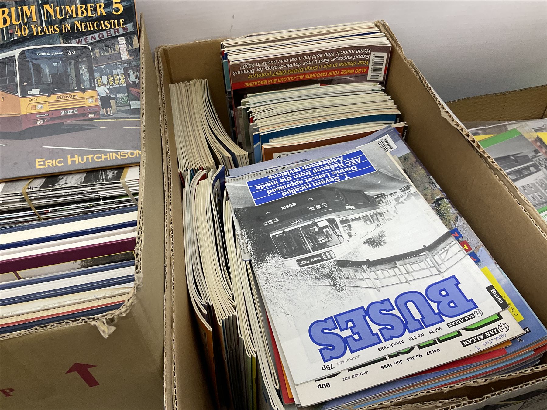 Collection of bus related magazines dating from the 1960s and later, to include Buses Illustrated Magazine, by Ian Allen, Bus & Coach Preservation magazine, Bus Fayre magazine, together with books relating to trans, railway interest etc in six boxes